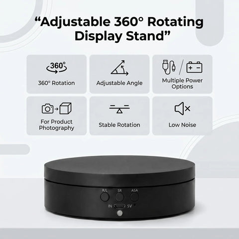 Top Notch Motorized Rotating Display Stand With 360 Degree Electric Photography Turntable showing adjustable angle and USB power features.