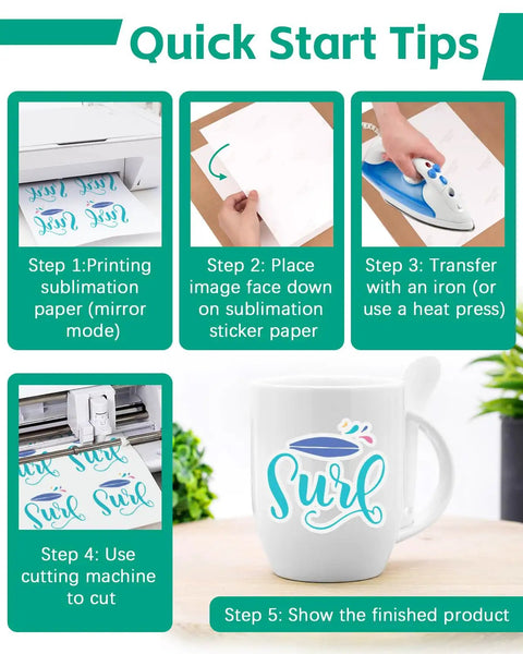 Step-by-step guide using Sublimation Sticker Paper For Inkjet Printers 8.5x11 Glossy White Waterproof Heat Transfer Paper 60 Sheets.