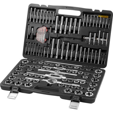 Tap and Die Set, 116-piece in plastic storage case; includes metric and SAE taps/dies, bearing steel.