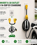 Rock Solid Nema 6-30P To 14-50R Ev Charger Adapter With 24 Amp Max for Level 2 EV charging setup with wall outlet.