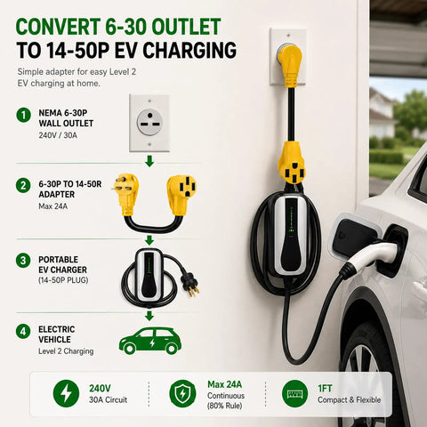 Rock Solid Nema 6-30P To 14-50R Ev Charger Adapter With 24 Amp Max for Level 2 EV charging setup with wall outlet.
