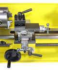 Heavy Duty 7 X 14 Precision Benchtop Mini Milling Lathe With Smooth Variable Speed Up To 2500 RPM And Digital Readout Plus Five Piece Carbide Cutter Kit, close-up details of controls and chuck.