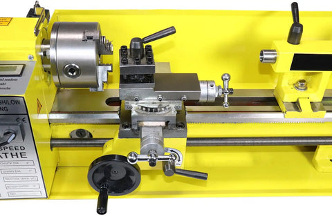 Heavy Duty 7 X 14 Precision Benchtop Mini Milling Lathe With Smooth Variable Speed Up To 2500 RPM And Digital Readout Plus Five Piece Carbide Cutter Kit, close-up details of controls and chuck.