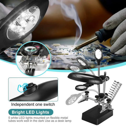 Soldering Station With Magnifier Light 2.5X 7.5X 10X Desktop Hands Free Handy Magnifying Glass With Stand And Alligator Clip Third Hand Tool for electronics repair featuring LED lights and flexible arms.
