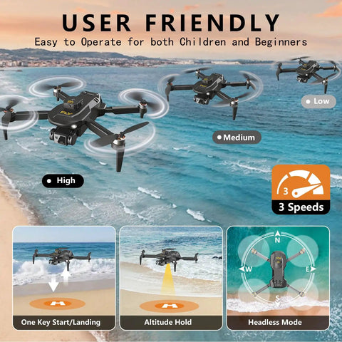 1080P HD Camera Foldable RC Drone With One Key Takeoff And Landing Gesture Control flying over beach showing speed settings and modes