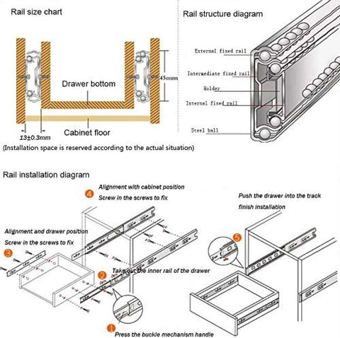 Diagram showing installation of Full Extension Soft Close Drawer Slides With Push To Open, Side Mount, Ball Bearing, Three Section Design