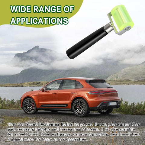 HAOBO auto sound-deadening roller with neon green wheel and black handle, side view.