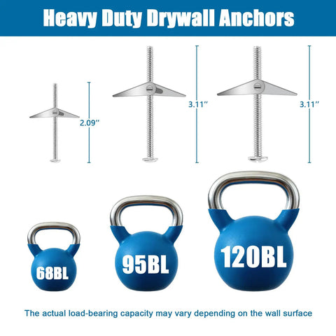 Diagram of 34 Piece Butterfly Toggle Bolts Kit with 1/4 Inch Four Pack 3/16 Inch Eight Pack and 1/8 Inch Twenty Two Pack zinc plated anchors.