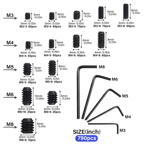 Close-up of Massive 1305 Piece Metric And SAE Set Screw Kit with headless screws, showing M3 to M8 sizes and hex wrenches.