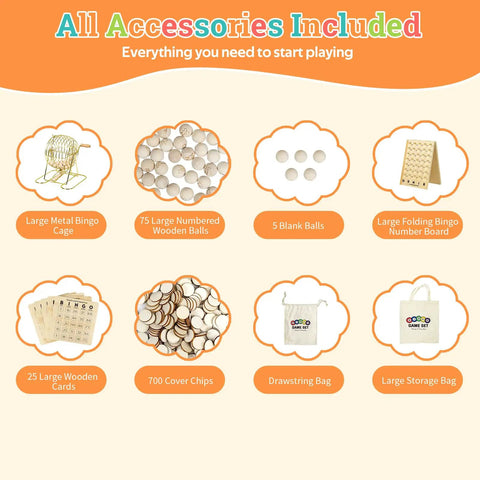 All accessories of Deluxe Wooden Bingo Game Set With Large Metal Cage, 75 Balls, 25 Reusable Cards, Number Board, 700 Chips shown
