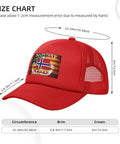 Denim Washed Vintage Adjustable Trucker Cap With Norwegian Flag Dragon Boat Theme, unisex, showing size and dimensions.
