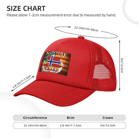 Denim Washed Vintage Adjustable Trucker Cap With Norwegian Flag Dragon Boat Theme, unisex, showing size and dimensions.