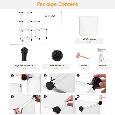 Package content of Six Cube Closet Organizer Set Dope DIY Stackable Shelves For Closet And Bedroom Translucent Storage Cubes assembly guide