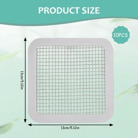 Disposable Hair Drain Stickers, 13x13cm fine mesh cover showing product size for shower and bathtub use.