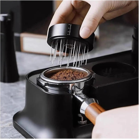 Pro Stainless Steel 58mm Coffee Distributor And Tamper With Slow Rebound Spring Crush Channeling on espresso grounds.