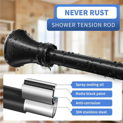 Close-up of Matte Black Shower Curtain Rod 36 To 84 Inch Adjustable No Slip No Drill Stainless Steel Spring Tension Rod with water droplets.