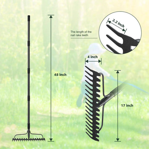 63 Inch Bow Rake Heavy Duty Garden Rake With Stainless Steel Handle dimensions shown.