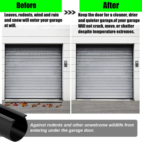 Comparison of garage doors with and without Weatherproof Garage Door Bottom Seal With T Ends For UBottom Doors installed, stopping drafts.