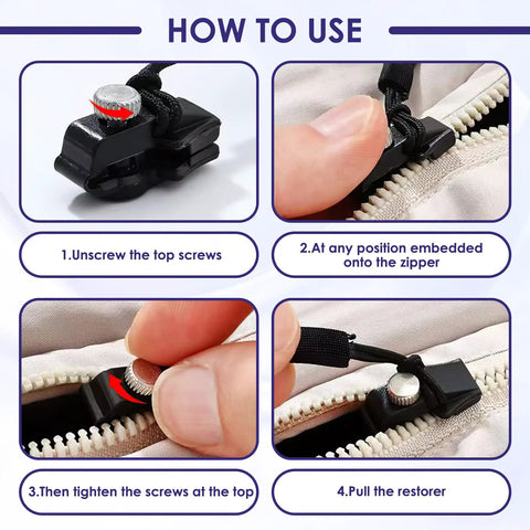 Instructions for using Universal Zipper Repair Kit With 36 Replacement Sliders In Three Sizes Black For Backpacks Jackets Coats Tents Luggage And Bags Easy Install For Quick Fix Grab And Go