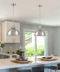 14 Inch Modern Industrial Pendant Light With Dome Shade In Brushed Nickel Finish above kitchen island