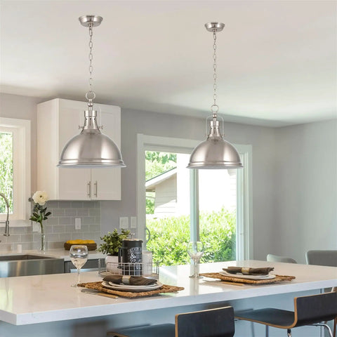 14 Inch Modern Industrial Pendant Light With Dome Shade In Brushed Nickel Finish above kitchen island