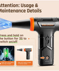 Cordless Electric Air Duster With Variable Speed Control Delivers Up To 50 MPH And 110000 RPM For PC Keyboard Computer Home Cleaning Reusable Air Blower Mini Dust Duster For Quick Dusting And Delicate Surfaces shown with usage instructions.