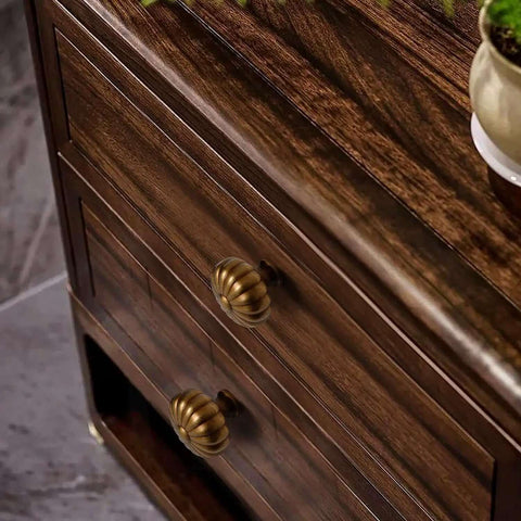 Four Pack Solid Brass Pumpkin Cabinet Knobs For Kitchen Drawers And Dressers Vintage Antique Copper Hardware on wooden dresser.