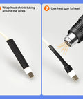 Top Tier 580 Piece Heat Shrink Tubing Kit with 6 Vibrant Colors And 11 Sizes For Ultimate Wire Repair, Cable Protection, And Harness Management In All Your DIY Gear And Professional Auto Fix Ups Today. Heat shrink tubing on wire end, heated with gun