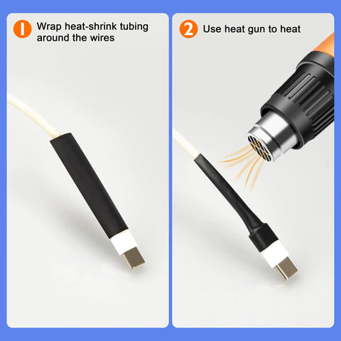 Top Tier 580 Piece Heat Shrink Tubing Kit with 6 Vibrant Colors And 11 Sizes For Ultimate Wire Repair, Cable Protection, And Harness Management In All Your DIY Gear And Professional Auto Fix Ups Today. Heat shrink tubing on wire end, heated with gun