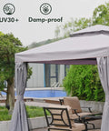 Patio Replacement Canopy Top For 10 By 13 Ft Outdoor Gazebo, Double Tier Polyester Roof With Water Resistant UV Shield And Mesh Netting, Grey Shelter Cover For All Weather Shade.