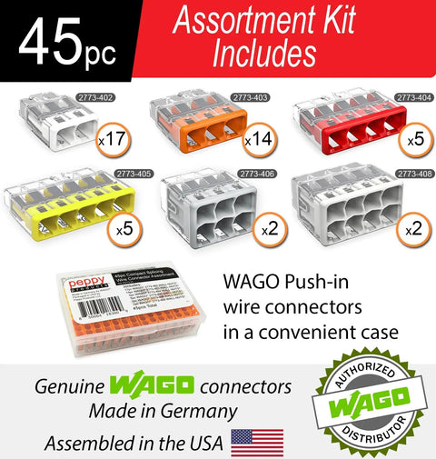 Push-In Wire Connector Kit With 45 Wall Nuts Case, Quick-Connect Splice For Solid And Stranded Conductors, Assorted 2773-402 To 2773-408, Tool-Free Convenience For Faster Electrical Wiring image showing assorted connectors with quantities
