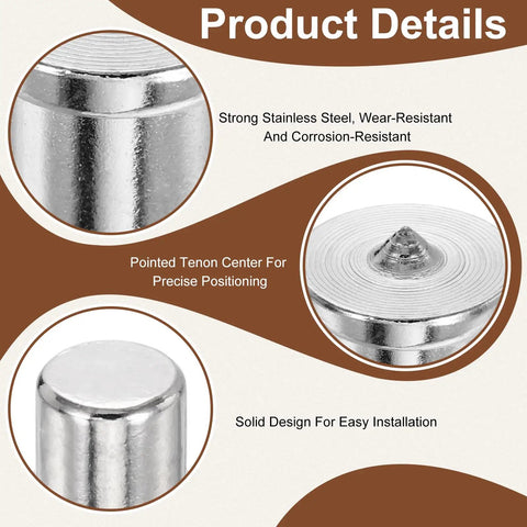 Close-up of 16 Piece Dowel Center Pins Set For Woodworking, stainless steel construction, sharp tenon center for precise drilling
