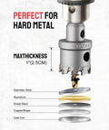 12 Piece Tungsten Carbide Tipped Hole Saw Kit For Hard Metals 5/8 To 2-1/8 Inches 2/5 Inch Shank drilling into metal layers
