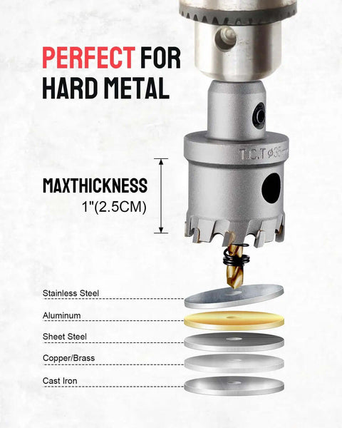 12 Piece Tungsten Carbide Tipped Hole Saw Kit For Hard Metals 5/8 To 2-1/8 Inches 2/5 Inch Shank drilling into metal layers