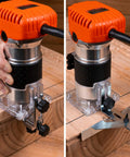 Powerful 6.5 Amp Variable Speed Wood Router Workhorse 1.25 HP Trim Router with Six Speed Settings in use on wood surface