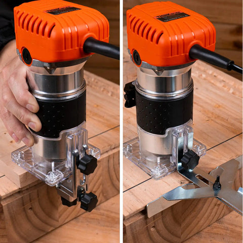 Powerful 6.5 Amp Variable Speed Wood Router Workhorse 1.25 HP Trim Router with Six Speed Settings in use on wood surface
