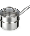 Tri Ply Stainless Steel Sauce Pan With Steamer Basket 1.5 Quart Induction Ready Nonstick Pot with Lid shown from side view