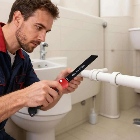 Man using Five In One Folding Hand Saw for drywall and more with quick change blades, cutting PVC pipe in bathroom
