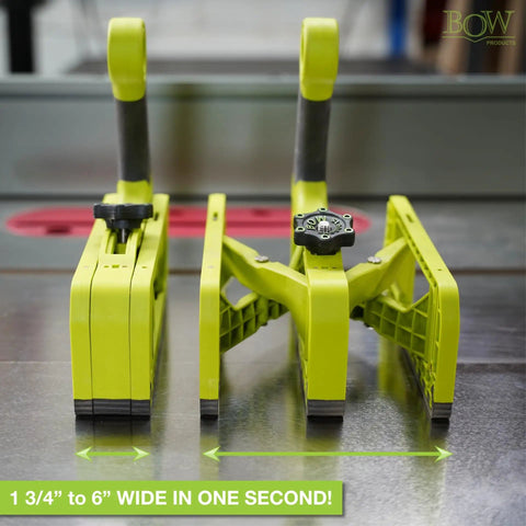 Expandable Push Shoe For Table Saw, Adjustable Push Block From 2 To 6 Inches, shown in green on a table saw surface