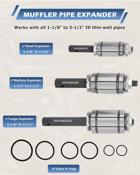 DAYUAN muffler pipe expander set with 3 expanders for 1-1/8 to 3-1/2 in exhaust pipes, includes 6 O-rings.