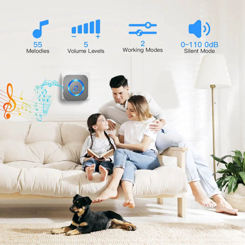 Family enjoying home with Expandable Wireless Doorbell Kit With 1300ft Range, Waterproof Outdoor Button, on living room wall.