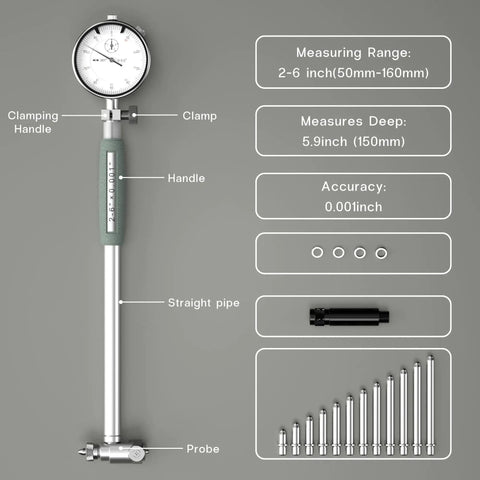 Dial Bore Gauge 2 To 6 Inch With 0.001 Inch Resolution, Self Centering Extender, Two Point Contact For Precise Cylinder Bore Measurement