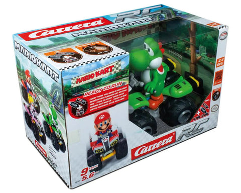 Official Licensed Nintendo Mario Kart Yoshi Quad RC Car in packaging with 2.4 GHz remote, differential gears, pneumatic tires.