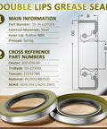 Double lip grease seal pair for trailer axles; metal outer, rubber inner lip, sizes 2.250 in and 3.371 in (two shown).