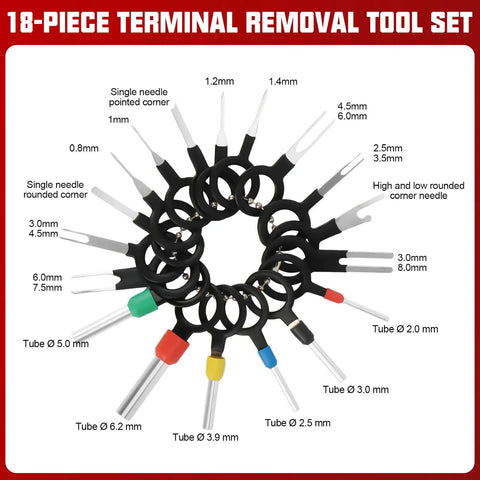 18-piece terminal removal tool set with various sizes on display
