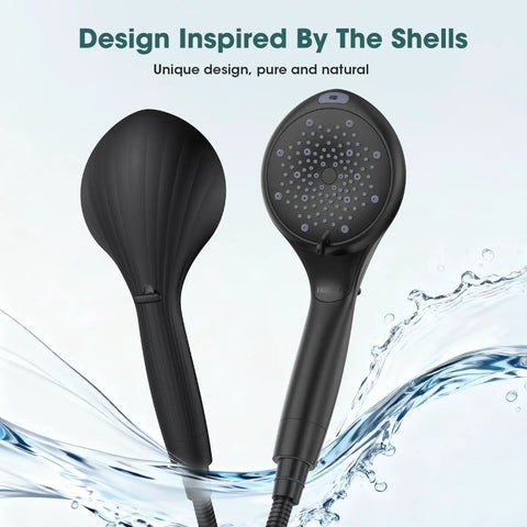 Back and front view of Filtered Handheld Shower Head With BuiltIn Filter, High Pressure 8Mode Showerhead, black design.