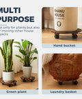 Tough Wood Plant Stand With Wheels 12 Inch Rolling Planter Caddy used for green plants and household items on a wooden floor.
