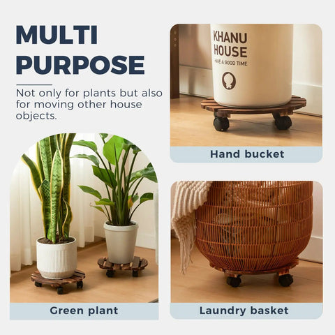 Tough Wood Plant Stand With Wheels 12 Inch Rolling Planter Caddy used for green plants and household items on a wooden floor.