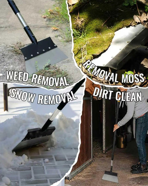 Heavy Duty Garden Flat Shovel With 60 Inch Adjustable Long Handle used for weeding, moss and snow removal on various surfaces.