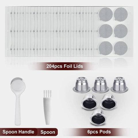 Stainless Steel Reusable Espresso Capsules Set For Nespresso Machines, Refillable Coffee Pods With Aluminum Foil Seals And Lids, Includes 6 Pods, 204 Lids, Spoon And Brush For Easy Refills.